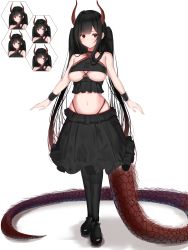Rule 34 | 1girl, absurdres, bad id, bad twitter id, bare shoulders, black footwear, black hair, black legwear, black shirt, black skirt, breasts, choker, closed mouth, collarbone, commentary request, criss-cross halter, crop top, dragon horns, dragon tail, expressions, frown, full body, gradient hair, halterneck, highleg, highres, horns, large breasts, large tail, long hair, looking at viewer, midriff, multicolored hair, navel, nephthys2356, one eye closed, original, red eyes, scales, shirt, shoes, sidelocks, skindentation, skirt, sleeveless, sleeveless shirt, smile, solo, standing, stomach, tail, twintails, underboob, v-shaped eyebrows, very long hair, wristband