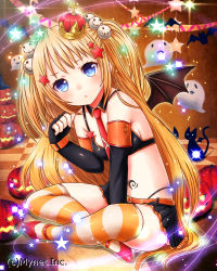 Rule 34 | 1girl, :&lt;, bad id, bad pixiv id, bat (animal), bat wings, blonde hair, blue eyes, cat, checkered floor, copyright notice, crown, detached collar, elbow gloves, falkyrie no monshou, fingerless gloves, ghost, gloves, hair ornament, hat, highres, jack-o&#039;-lantern, long hair, looking at viewer, miniskirt, miyamae porin, necktie, official art, red necktie, skirt, skull hair ornament, solo, star (symbol), star hair ornament, striped clothes, striped thighhighs, tattoo, thighhighs, wings, wizard hat