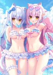 Rule 34 | 2girls, :d, animal ears, arm up, bare shoulders, bikini, blue bow, blue hair, blue jacket, blue sky, bow, breasts, brown eyes, cat ears, cat girl, cat tail, cleavage, cloud, commentary request, day, eyewear on head, fang, food, food in mouth, frilled bikini, frills, gluteal fold, hair between eyes, hair bow, hasune, heart, heart-shaped eyewear, highleg, highleg bikini, highres, jacket, layered bikini, long hair, long sleeves, medium breasts, mouth hold, multiple girls, navel, off shoulder, open clothes, open jacket, open mouth, original, outdoors, pink bikini, pink bow, pink hair, pink jacket, popsicle, puffy long sleeves, puffy sleeves, purple-framed eyewear, rainbow hair ornament, sky, sleeves past wrists, smile, standing, swimsuit, tail, thigh strap, twintails, very long hair, water, white bikini