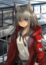 Rule 34 | 1girl, animal ears, black neckerchief, blue eyes, closed mouth, commentary request, fox ears, grey hair, grey sailor collar, hair over eyes, heterochromia, highres, jacket, long hair, long sleeves, looking at viewer, neckerchief, open clothes, open jacket, original, outdoors, red eyes, red jacket, sailor collar, shirt, sleeveless, sleeveless shirt, solo, standing, white shirt, yoshizawa tsubaki