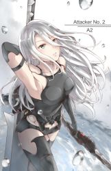 Rule 34 | 1girl, arm up, armband, armpits, black armband, black gloves, blue eyes, blurry, blurry foreground, character name, collarbone, copyright name, dual wielding, elbow gloves, gloves, greatsword, grey hair, hair between eyes, holding, holding sword, holding weapon, limitless skye, long hair, looking up, mole, mole under mouth, nier (series), nier:automata, parted lips, signature, solo, sword, water drop, weapon, weapon on back, a2 (nier:automata)