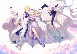 Rule 34 | 2boys, 2girls, :d, :o, arthur pendragon (fate), arthur pendragon (white rose) (fate), artoria pendragon (all), artoria pendragon (fate), black neckwear, black suit, blue neckwear, blush, breasts, capelet, cleavage, closed eyes, collarbone, commentary request, couch, dress, fate/grand order, fate (series), flower, formal, fou (fate), green ribbon, hair between eyes, highres, large breasts, long hair, merlin (fate), merlin (fate/prototype), multiple boys, multiple girls, necktie, on couch, open mouth, purple dress, purple eyes, ribbon, rose, saber (fate), saber (formal dress) (fate), silver hair, sitting, smile, suit, tiara, tsuyukusa (eeta7273), white capelet, white dress, white suit