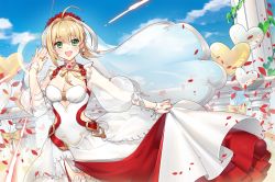 Rule 34 | 10s, 1girl, :d, balloon, blonde hair, blue sky, breasts, cleavage, cloud, commentary request, day, dress, fate/extra, fate/extra ccc, fate (series), fingernails, glint, green eyes, hair between eyes, hand up, heart, heart balloon, highres, jewelry, long hair, long sleeves, medium breasts, nail polish, nemovo, nero claudius (bride) (fate), nero claudius (fate), nero claudius (fate) (all), nero claudius (fate/extra), open mouth, outdoors, petals, pillar, puffy long sleeves, puffy sleeves, railing, red nails, ring, round teeth, see-through, see-through sleeves, sky, smile, solo, teeth, upper teeth only, veil, white dress