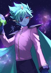 Rule 34 | 1boy, black pants, blue cape, blue skin, cape, captain spaceboy, closed mouth, colored sclera, colored skin, eyepatch, green hair, gun, highres, holding, holding gun, holding weapon, kagachi 118, long sleeves, omori, pants, purple shirt, red eyes, shirt, short hair, solo, weapon, yellow sclera