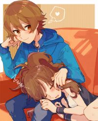 Rule 34 | 1boy, 1girl, bare arms, black vest, blue jacket, blush, brown eyes, brown hair, closed mouth, collarbone, commentary, creatures (company), game freak, hand in another&#039;s hair, hand on another&#039;s face, hand up, head rest, heart, hetero, high ponytail, highres, hilbert (pokemon), hilda (pokemon), hood, hooded jacket, jacket, lap pillow, long hair, long sleeves, looking at another, lying, nintendo, on side, pants, pokemon, pokemon bw, ponytail, shirt, short hair, sitting, sleeping, sleeveless, sleeveless shirt, smile, thought bubble, toume, vest, white shirt, wristband, zipper pull tab, zzz