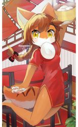 Rule 34 | 1girl, animal ears, animal hands, braid, brown eyes, brown hair, chair, china dress, chinese clothes, dress, dumpling, female focus, food, fox ears, fox tail, furry, furry female, hair ornament, hairclip, highres, jumping, mouth hold, original, po! (popoemo), ponytail, single braid, solo, table, tail, twitter username