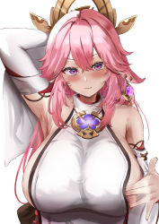 Rule 34 | 1girl, absurdres, animal ears, arm behind back, armpits, blush, breasts, closed mouth, detached sleeves, dress, earrings, fox ears, genshin impact, hair between eyes, highres, horin, huge breasts, japanese clothes, jewelry, long hair, looking at viewer, miko, pink hair, purple eyes, simple background, smile, solo, upper body, white background, white dress, wide sleeves, yae miko