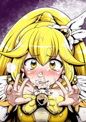 Rule 34 | 10s, 1girl, a-teru haito, big hair, blonde hair, blush, bow, cum, cum in mouth, cum in nose, cure peace, double v, facial, hair flaps, hair ornament, hairclip, hakueki (shobou), kise yayoi, magical girl, portrait, precure, smile precure!, solo, tears, v, wide ponytail, yellow bow, yellow eyes, yellow theme