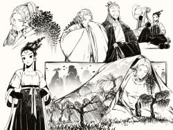 Rule 34 | 2boys, 2girls, ^ ^, bamboo scroll, chinese clothes, closed eyes, coat, covering own mouth, cup, dmuyaa, earrings, facial mark, facing another, facing away, flat chest, forehead mark, giant, grass, hair bun, hands in pockets, hanfu, holding, holding cup, jar, jewelry, knee up, long sleeves, looking at viewer, monochrome, multiple boys, multiple girls, original, parted bangs, plant hair, pleated skirt, ponytail, pouring, red eyes, robe, sash, shawl, sidelocks, simple background, single hair bun, sitting, size difference, skirt, smile, teapot, tree, under covers, updo, wide sleeves, willow