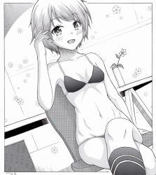 Rule 34 | 1girl, bikini, breasts, chair, cleavage, crossed legs, dated, greyscale, h2 (h20000000), kantai collection, kneehighs, mogami (kancolle), monochrome, navel, open mouth, short hair, signature, sitting, small breasts, smile, socks, solo, swimsuit, vase