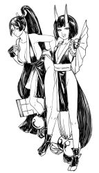 Rule 34 | 2girls, black hair, cosplay, fatal fury, horns, monochrome, multiple girls, ponytail, shiranui mai, shiranui mai (cosplay)