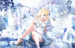 Rule 34 | 1girl, ;d, animal, animal on hand, arm behind back, bird, blonde hair, blue eyes, blue hair, braid, breasts, bug, butterfly, collarbone, convenient leg, crystal, dress, dress flower, earrings, fang, flower, flower earrings, french braid, game cg, gradient hair, hair flower, hair ornament, half updo, hand up, highres, insect, jewelry, knees up, light blue hair, link! like! love live!, long hair, looking at animal, love live!, medium breasts, multicolored hair, off-shoulder dress, off shoulder, official art, one eye closed, open mouth, osawa rurino, parted bangs, sandals, short dress, sitting, smile, solo, squirrel, third-party source, twintails, virtual youtuber, white bird, white dress, white flower