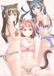 Rule 34 | 3girls, :p, animal ears, arms behind back, ass, back, black eyes, black hair, blue eyes, bow, bow panties, bra, braid, breasts, brown bra, brown hair, brown panties, butt crack, cat ears, cat tail, closed mouth, commentary request, frilled bra, frilled panties, frills, groin, hair tie, highres, jou (circlemay), kemonomimi mode, leaning forward, light frown, long hair, looking at viewer, looking back, love live!, love live! nijigasaki high school idol club, medium breasts, multiple girls, navel, open mouth, osaka shizuku, panties, partial commentary, pink bra, pink panties, pointing, pointing at viewer, red hair, ribbon, short hair, sitting, smile, standing, striped bra, striped clothes, striped panties, tail, tongue, tongue out, uehara ayumu, underwear, underwear only, vertical-striped bra, vertical-striped clothes, vertical-striped panties, wariza, wrist ribbon, yellow eyes, yuuki setsuna (love live!)