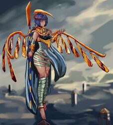 Rule 34 | 1girl, :|, alternate breast size, alternate costume, anklet, arm guards, bandages, barefoot, blue eyes, blue hair, blush, breasts, closed mouth, commentary request, dark-skinned female, dark skin, egyptian, egyptian clothes, floating, full body, headgear, highres, hime cut, holding, holding weapon, jewelry, looking at viewer, monolith (object), monster girl, monster girl encyclopedia, panties, pharaoh (monster girl encyclopedia), short hair, sideways glance, small breasts, solo, udetamago, underwear, usekh collar, weapon, weapon request, wings