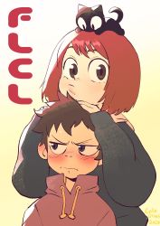 Rule 34 | 1boy, 1girl, animal, animal on head, black cat, black eyes, black hair, blush, brown hair, cat, cat on head, colo (nagrolaz), copyright name, dated, drawstring, flcl, gradient background, height difference, highres, looking at viewer, nandaba naota, on head, samejima mamimi, short hair, signature, takkun (flcl), upper body, white background, yellow background