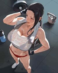 Rule 34 | 1girl, arm behind head, bare legs, bare shoulders, black gloves, black hair, bottle, bra visible through clothes, breasts, cleavage, collarbone, commentary, english commentary, final fantasy, final fantasy vii, fingerless gloves, from above, gloves, grey sports bra, hand on own hip, highres, hintobento, huge breasts, kettlebell, long hair, micro shorts, navel, parted lips, red eyes, red shorts, see-through, see-through shirt, shorts, solo, sports bra, stomach, sweat, sweaty clothes, thighs, tifa lockhart, tile floor, tiles, toned female, towel, towel around neck, very long hair, very sweaty, water bottle, weights, white footwear