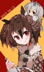 Rule 34 | 2girls, bird tail, brown eyes, coat, commentary, curry, dated, eating, eurasian eagle owl (kemono friends), food, food on face, fur collar, genshin impact, grey hair, hair between eyes, head wings, highres, holding, holding plate, kemono friends, mini person, minigirl, multicolored hair, multiple girls, nanana (nanana iz), northern white-faced owl (kemono friends), plate, puppy-paw hash brown (genshin impact), red eyes, simple background, spoon, tail, upper body, wings