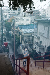 Rule 34 | 1girl, absurdres, bicycle, city, cityscape, commentary, dress, english commentary, film grain, highres, holding, holding umbrella, looking at viewer, mixed-language commentary, original, outdoors, photo-referenced, power lines, railing, rain, road, shinjuku (tokyo), solo, stairs, standing, street, tokyo (city), transparent, transparent umbrella, umbrella, unagi189, utility pole, wide shot