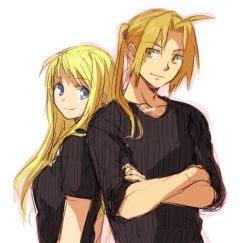 Rule 34 | 1boy, 1girl, back-to-back, black shirt, blonde hair, blue eyes, couple, crossed arms, earrings, edward elric, fullmetal alchemist, jewelry, long hair, long sleeves, looking at another, looking at viewer, looking back, lowres, ponytail, riru, shirt, simple background, smile, white background, winry rockbell, yellow eyes