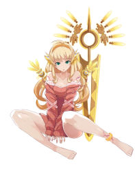 Rule 34 | 1girl, :o, ahoge, anklet, armcho, bare legs, bare shoulders, barefoot, blonde hair, dress, full body, green eyes, hairband, jewelry, leone (million arthur), long hair, looking at viewer, million arthur (series), sleeves past wrists, solo, sweater, sweater dress, v arms, weapon, white background