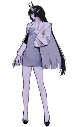 Rule 34 | 1girl, black footwear, black hair, black horns, closed mouth, collared jacket, colored inner hair, colored sclera, dress, full body, grey dress, grey hair, grey jacket, highres, horns, jacket, korean commentary, light smile, long hair, long sleeves, looking to the side, multicolored hair, original, purple eyes, sasi mozzi1, short dress, simple background, solo, standing, strapless, strapless dress, tube dress, very long hair, white background