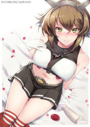 Rule 34 | 1girl, bad id, bad pixiv id, bare arms, black skirt, blush, breasts, brown hair, collar, covered erect nipples, flipped hair, gainoob, gloves, green eyes, hand on own chest, headgear, kantai collection, kneehighs, large breasts, metal belt, metal collar, midriff, mutsu (kancolle), navel, on bed, parted lips, petals, pleated skirt, red socks, short hair, sitting, skirt, socks, solo, striped clothes, striped skirt, striped socks, white gloves