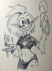 Rule 34 | 1girl, belly, breasts, eyebrows, freckles, gloves, lord dominator, sharp teeth, side cut, simple background, sketch, skirt, smile, solo, stomach, teeth, wander over yonder