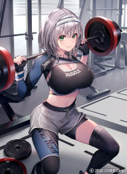 1girl alternate_costume asymmetrical_legwear barbell black_gloves blue_shrug braid breasts character_name cleavage commentary_request compression_sleeve copyright_notice double-parted_bangs drawstring essual_(layer_world) exercising feet_out_of_frame fingerless_gloves gloves green_eyes grey_hair grey_shorts gym hair_between_eyes headband holding hololive indoors large_breasts linea_alba looking_at_viewer medium_hair midriff official_art shirogane_noel short_shorts shorts single_sleeve smile solo sports_bra squatting uneven_legwear virtual_youtuber wavy_hair weightlifting white_headband