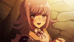 Rule 34 | 1girl, :d, animal bag, blush, breasts, brown eyes, cat bag, collared shirt, commentary, criis-chan, danganronpa (series), danganronpa 3 (anime), flipped hair, hair ornament, hairclip, hood, jacket, looking at viewer, medium hair, nanami chiaki, open mouth, outdoors, pink eyes, pink hair, pink ribbon, ribbon, shirt, smile, solo, spaceship hair ornament, stone floor, symbol-only commentary, teeth, twitter username, upper teeth only, white shirt