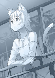 Rule 34 | 1girl, against railing, animal ear fluff, animal ears, bare shoulders, blue theme, blush, cat ears, cat girl, cat tail, collarbone, copyright request, dress, greyscale, hair between eyes, leaning forward, long sleeves, looking away, monochrome, off-shoulder dress, off shoulder, parted lips, railing, saiste, short hair, solo, tail, tail raised, window