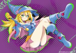 Rule 34 | 1girl, absurdres, ass, blonde hair, blue panties, boots, breasts, cleavage, dark magician girl, detached sleeves, dress, full body, gem, green eyes, hand on own hair, hat, highres, holding, holding clothes, holding hat, large breasts, long hair, mishiku, panties, pentagram, purple background, skirt, smile, solo, underwear, wand, witch hat, yu-gi-oh!
