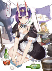 Rule 34 | 2girls, alternate breast size, alternate costume, apron, black dress, blush, bob cut, book, bottle, breasts, brooch, broom, bucket, chibi, cleavage, closed mouth, crying eye, detached collar, dress, enmaided, fate/grand order, fate (series), flag, headpiece, heart, heart-shaped pupils, highres, horns, ibaraki douji (fate), ibaraki douji (fate/grand order), ibaraki douji (swimsuit lancer) (fate), jewelry, large breasts, long hair, looking at viewer, maid, maid headdress, multiple girls, oni, puffy short sleeves, puffy sleeves, purple eyes, purple hair, shield, short eyebrows, short hair, short sleeves, shuten douji (fate), skin-covered horns, smile, speech bubble, symbol-shaped pupils, towel, translated, waist apron, white apron, white background, wooden bucket