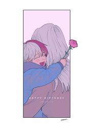 Rule 34 | 1boy, 1girl, age difference, blush, boku no hero academia, border, carnation, dated, closed eyes, flower, foreground text, grin, happy birthday, highres, holding, holding flower, holding person, hood, hoodie, hug, male focus, mother and son, multicolored hair, open mouth, outside border, r-o-i, red hair, short hair, simple background, smile, split-color hair, todoroki rei, todoroki shouto, twitter username, two-tone hair, upper body, white border, white hair, aged down