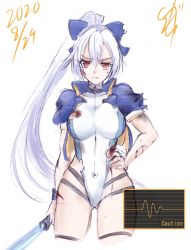 Rule 34 | 1girl, angry, bleeding, blood, blue one-piece swimsuit, bow, breasts, bruise, collarbone, commentary request, competition swimsuit, cropped jacket, cuts, dated, energy sword, fate/grand order, fate (series), graphite (medium), hair between eyes, hair bow, hand on own hip, highleg, highleg swimsuit, highres, holding, holding sword, holding weapon, injury, jacket, large breasts, long hair, looking at viewer, multicolored clothes, multicolored swimsuit, one-piece swimsuit, open clothes, open jacket, ponytail, purple bow, purple jacket, red eyes, short sleeves, signature, silver hair, solo, standing, suga leon, sweatdrop, swimsuit, sword, thigh strap, tomoe gozen (fate), tomoe gozen (swimsuit saber) (fate), tomoe gozen (swimsuit saber) (first ascension) (fate), torn clothes, torn jacket, torn swimsuit, traditional media, very long hair, weapon, white background, white one-piece swimsuit