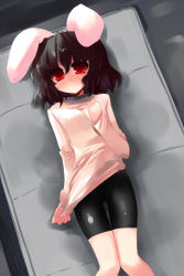 Rule 34 | 1girl, alternate costume, animal ears, bike shorts, black hair, blush, rabbit ears, contemporary, female focus, from above, inaba tewi, latex, lying, on back, red eyes, shin (new), shirt tug, short hair, solo, thigh gap, touhou