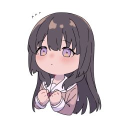 Rule 34 | 1girl, bang dream!, black hair, blush, bow, bowtie, brown dress, busshitsuryou, closed mouth, collaboration, commentary request, cropped torso, dress, hanasakigawa school uniform, highres, long hair, long sleeves, purple eyes, red bow, red bowtie, sailor collar, sailor dress, school uniform, shirokane rinko, solo, sou (kanade 3344), upper body, white background, white sailor collar