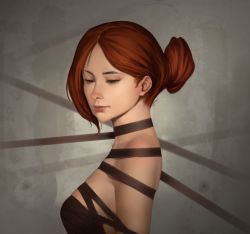 Rule 34 | 1girl, bare shoulders, bdsm, bondage, bound, bound arms, breasts, lips, looking down, original, red hair, short hair, since, solo