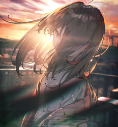 Rule 34 | 1girl, absurdres, backlighting, black hair, blouse, blurry, breasts, chromatic aberration, city, cityscape, cloud, collar, commentary request, dark, depth of field, eyes visible through hair, film grain, glitch, highres, jacket, looking at viewer, looking to the side, orange sky, original, outdoors, railing, rolua, rooftop, serious, shirt, sky, small breasts, solo, sunset, upper body, white shirt, wind
