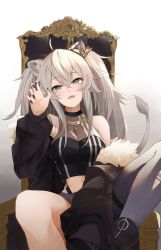 Rule 34 | 1girl, ahoge, animal ears, bare shoulders, black nails, blush, boots, breasts, cleavage, crop top, crown, earrings, fang, fur-trimmed jacket, fur trim, grey eyes, grey hair, hair between eyes, hand up, highres, hololive, jacket, jewelry, large breasts, lion ears, lion girl, long hair, looking at viewer, midriff, mini crown, nail polish, necklace, open mouth, see-through, see-through cleavage, shirt, shishiro botan, shishiro botan (1st costume), single leg pantyhose, solo, spread legs, throne, toto (kuro toto), virtual youtuber