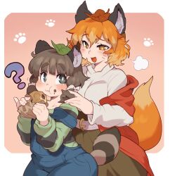 Rule 34 | 2girls, puff of air, ?, animal ear fluff, animal ears, blue overalls, blush, border, breasts, brown hair, character request, closed mouth, commentary request, copyright request, cowboy shot, eating, food, fox ears, fox girl, fox tail, holding, holding food, leaf, leaf on head, long sleeves, looking at another, looking back, medium breasts, medium hair, multiple girls, open mouth, orange eyes, orange hair, orange tail, outside border, overalls, paw print, raccoon ears, raccoon girl, racoon tail, sanjiro (tenshin anman), small breasts, tail, tanuki, tareme, whiskers, white border