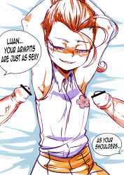 Rule 34 | 1girl, absurdres, armpits, arms up, bangs pinned back, bar censor, blush, boutonniere, braces, censored, collared shirt, commission, english text, erection, facing viewer, from above, group sex, hetero, high ponytail, highres, jcm2, lip biting, luan loud, lying, mmf threesome, on back, penis, shirt, skirt, sleeveless, sleeveless shirt, speech bubble, the loud house, threesome, upper body, veins, veiny penis, white shirt, yellow skirt