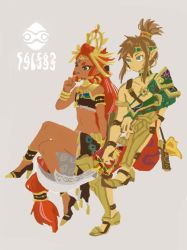 Rule 34 | 1boy, 1girl, 723 (yamenkaaa), armlet, armor, asymmetrical clothes, bare pectorals, bare shoulders, blue eyes, blue lips, bracelet, braid, braided ponytail, circlet, collarbone, crop top, dark-skinned female, dark skin, desert voe set (zelda), detached sleeves, earrings, expressionless, finger to own chin, flat chest, gerudo, greaves, hand on own chin, headpiece, high heels, highres, holding, holding sword, holding weapon, jewelry, crossed legs, light brown hair, link, long hair, midriff, navel, neck ring, nintendo, pants, pauldrons, peacock feathers, pectorals, pointy ears, red hair, red pants, riju, scimitar, shoulder armor, sitting, smile, stroking own chin, sword, the legend of zelda, the legend of zelda: breath of the wild, topless male, very long hair, weapon
