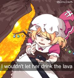 Rule 34 | 2girls, blonde hair, commentary, crystal, english commentary, english text, fang, female pov, flandre scarlet, frilled sleeves, frills, from above, hat, hat ribbon, idola (mukbangfan22), izayoi sakuya, lava, looking to the side, mob cap, multiple girls, open mouth, pointy ears, pov, rainbow order, red ribbon, red shirt, ribbon, shirt, short hair, short sleeves, skin fang, snapchat, tearing up, touhou, twitter username, vest, white hat, white vest, wings, wrist cuffs