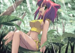 Rule 34 | 1girl, animal ears, arm support, breasts, camisole, cat ears, cat girl, covered erect nipples, female focus, forest, green eyes, midriff, nature, open mouth, outdoors, pink hair, sideboob, sitting, solo