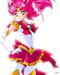 Rule 34 | 1girl, aged up, bishoujo senshi sailor moon, breasts, chibi usa, earrings, gloves, highres, jewelry, long hair, magical girl, medium breasts, miniskirt, pink hair, red eyes, sailor chibi moon, skirt, sumoonshi, twintails