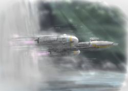 Rule 34 | cloud, cloudy sky, flying, from side, no humans, opo, science fiction, sky, spacecraft, star wars, starfighter, sunlight, thrusters, vehicle focus, water, y-wing
