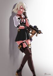 Rule 34 | 1girl, against wall, artist name, brown eyes, brown gloves, choker, commentary, cowboy shot, dress, english commentary, finalcake, frown, girls&#039; frontline, gloves, gradient background, grey hair, gun, hair over one eye, hand on own face, high heels, holding, holding gun, holding weapon, kriss vector, multicolored clothes, multicolored dress, red neckwear, short hair, short sleeves, simple background, sketch, solo, standing, submachine gun, vector (girls&#039; frontline), weapon, white background, yellow eyes