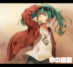 Rule 34 | 1girl, ahoge, ai kusunoki, aqua eyes, aqua hair, arm at side, blurry, blurry background, brown-framed eyewear, collarbone, cowboy shot, earrings, eyewear on head, grey shirt, hatsune miku, hoop earrings, jacket, jewelry, letterboxed, long hair, long sleeves, looking to the side, open clothes, open jacket, parted lips, print skirt, red jacket, shirt, skirt, sleeves past wrists, solo, song name, standing, suna no wakusei (vocaloid), sunglasses, twintails, unzipped, vocaloid, zipper