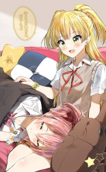 Rule 34 | ^ ^, blanket, blonde hair, blush, bow, brown skirt, closed eyes, closed mouth, collared shirt, commentary request, couch, feet out of frame, flower, flower bracelet, green eyes, hair between eyes, hair bow, highres, idolmaster, idolmaster cinderella girls, jougasaki mika, jougasaki rika, lap pillow, long hair, lying, neck ribbon, on couch, on side, pentagon (railgun ky1206), pink hair, plaid, plaid bow, plaid skirt, pleated skirt, red bow, red ribbon, ribbon, shirt, siblings, side ponytail, sisters, skirt, stuffed animal, stuffed rhinoceros beetle, stuffed toy, sweater vest, translation request, two side up, very long hair, white shirt, yellow flower