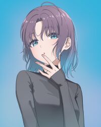Rule 34 | 1girl, absurdres, ahoge, asakura toru, black sweater, blue background, blue eyes, blue hair, brown hair, commentary request, earrings, gradient background, gradient hair, highres, idolmaster, idolmaster shiny colors, jewelry, looking at viewer, multicolored hair, open mouth, parted bangs, ring, short hair, sjuno, solo, sweater, turtleneck, turtleneck sweater